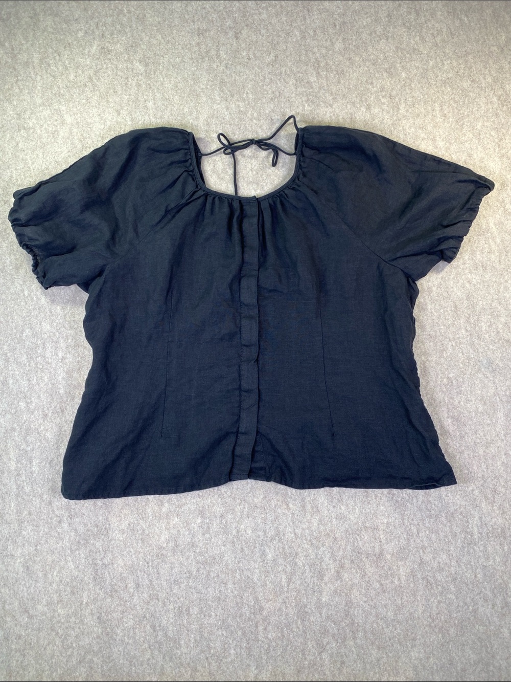 J. Crew Black Linen Puff Sleeve Tie-Back Blouse Size 14